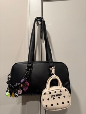 Steve Madden Bharlan Black Shoulder Bag with Cream Polka Dot Charm